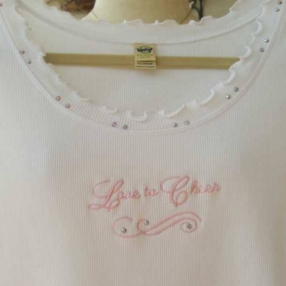 KAVIO ♡ White Embroidered Pink "Love to Cheer" Ruffled Embellished Bling Top XL - Picture 15 of 17